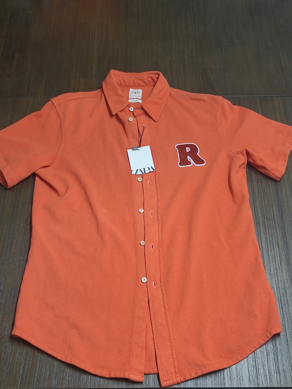 Zara Orange Short-Sleeve Button-Down Shirt with 'R' Patch
